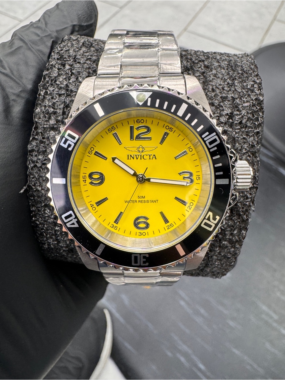 Invicta Men's Silver Watch with Yellow Dial and Black Bezel